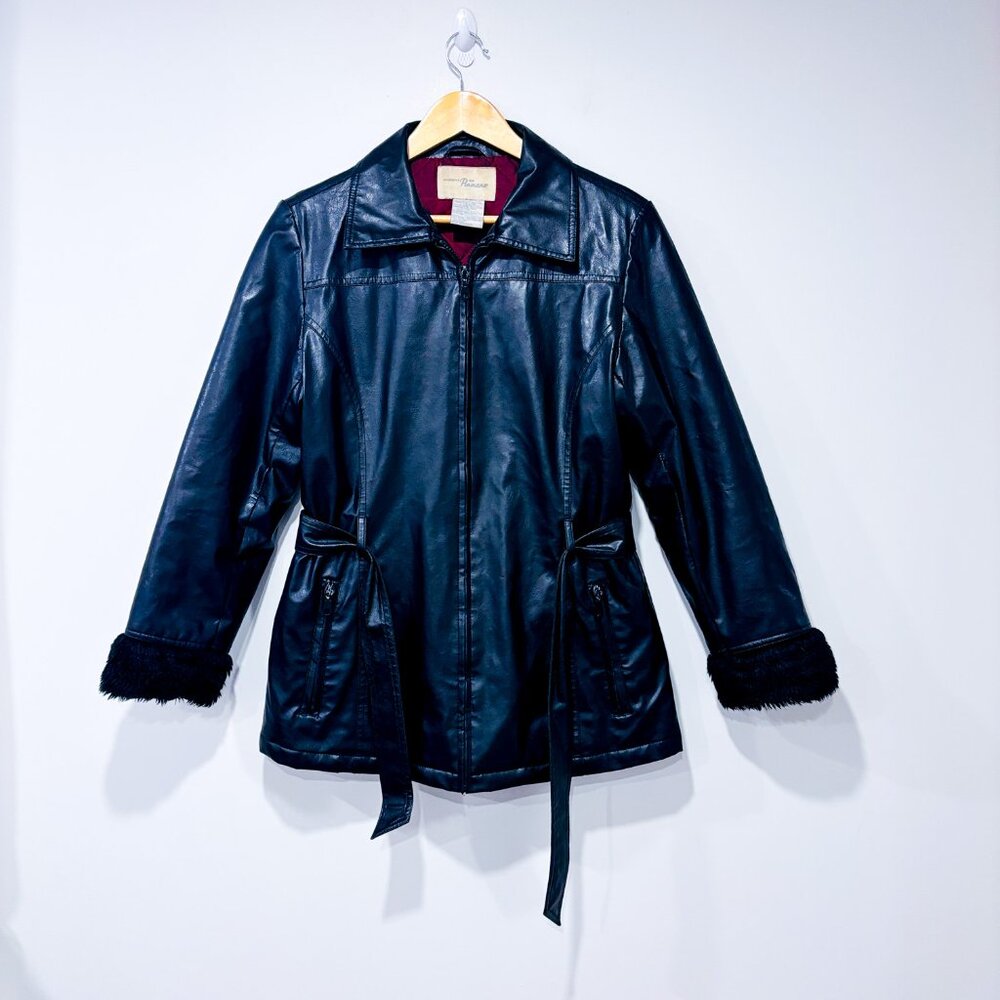PENMANS Vintage Black Faux Leather Coat Fur Trim Belted | Small *